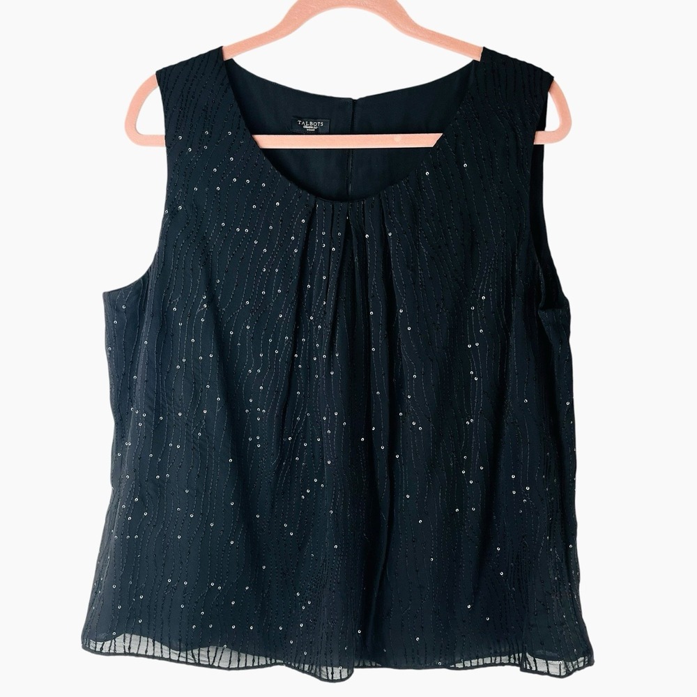 TALBOTS Women Silk Sequin Black Top Sz 16W Sleeveless Tank Embroidered